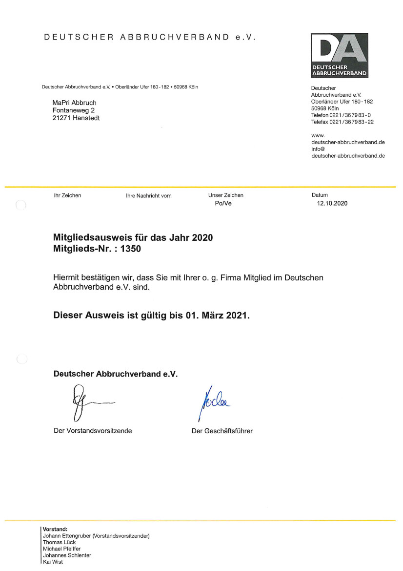 Mitgliedsbescheinigung 2020 MaPri Abbruch - Mitgliedsbescheinigung 2020