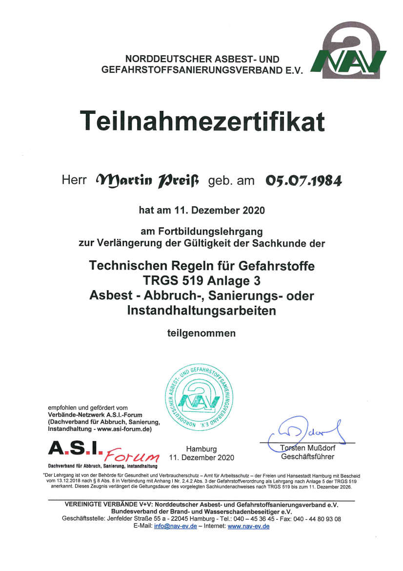 Weiterbildung TRGS 519 MaPri Abbruch - Weiterbildung TRGS 519