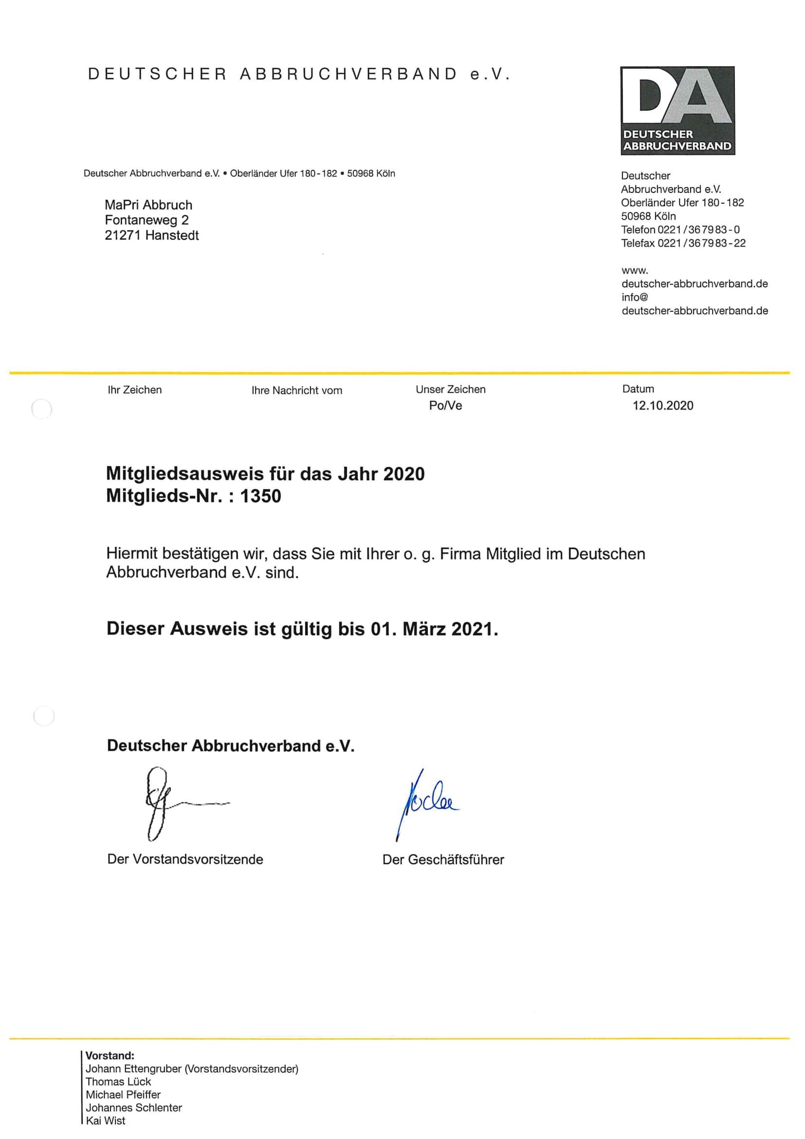 Deutscher Abbruchverband - Mitgliedschaft 2020
